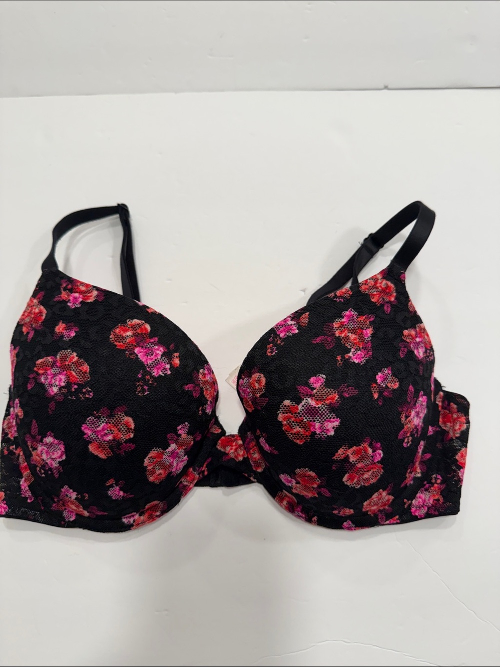 Victoria's Secret Black Floral Lace Push-Up Bra with Pink & Red Flowers